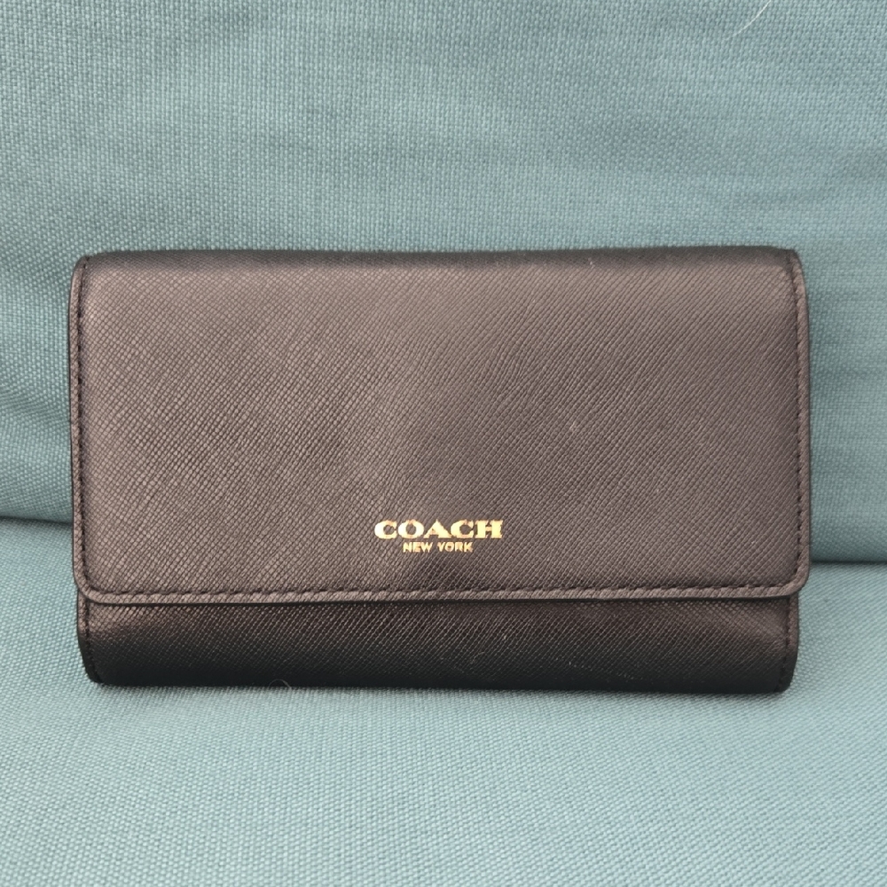 Coach Black Leather Wallet with Gold Logo